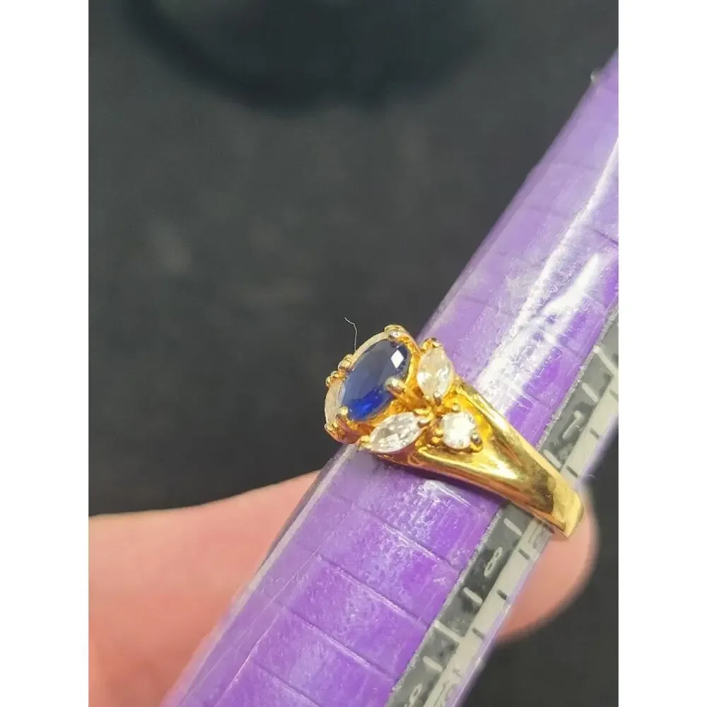 Vintage Premier Designs England’s Rose Ring Sapphire Blue Crystal Gold Tone